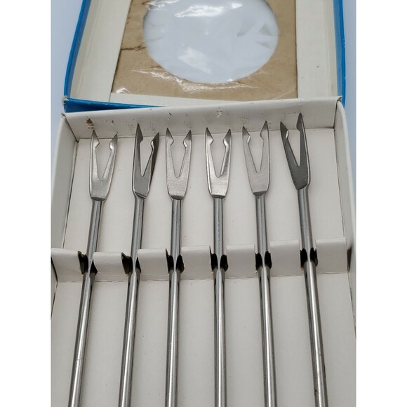MCM Stainless Steel Japan Fondue Forks Color Coded Teak Wood Handles NIB 6 Piece - Picture 7 of 12